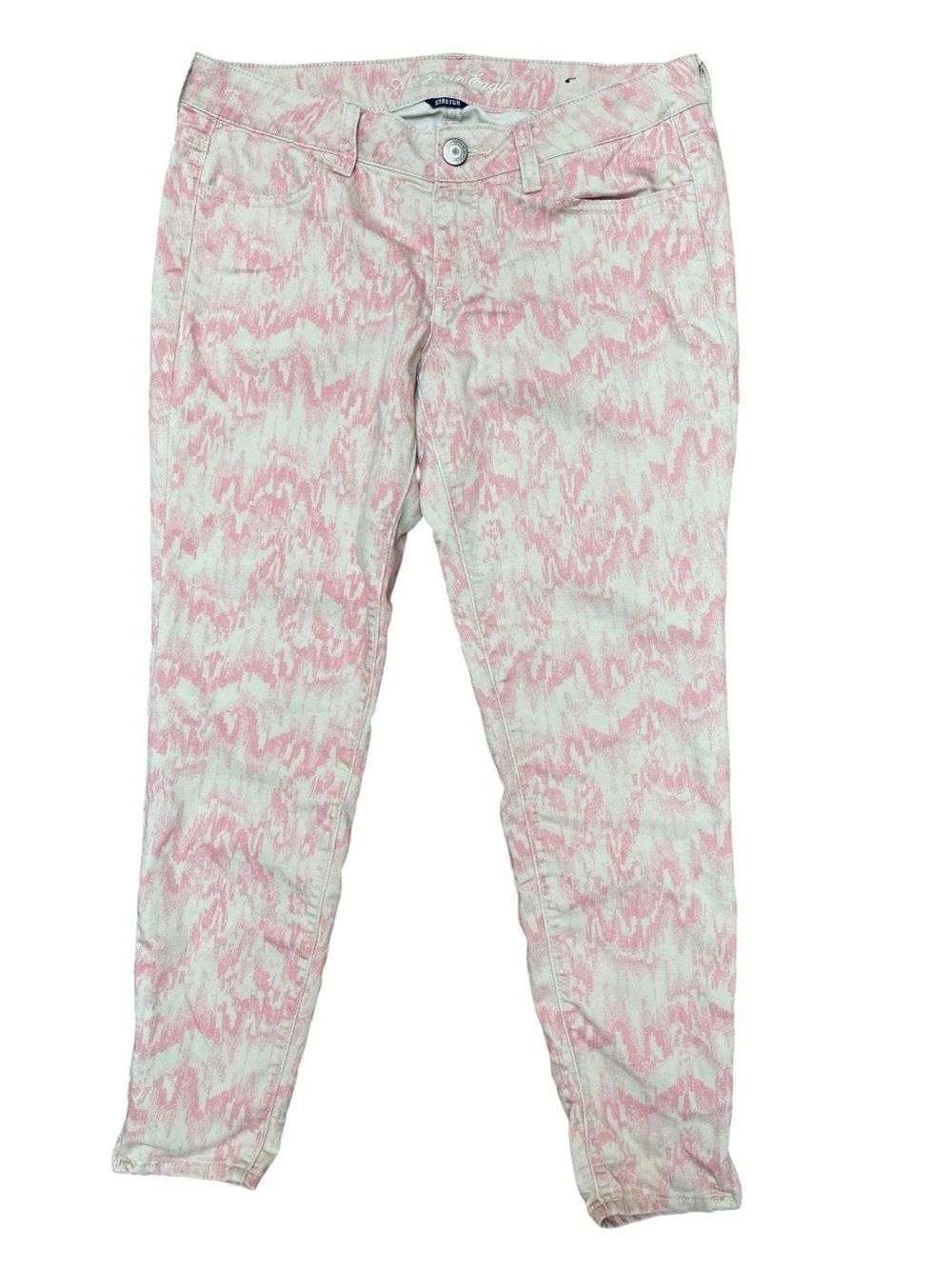 American Eagle Stretch Crop Skinny Jeans Size 10 Pink Abstract Print Ankle Pants